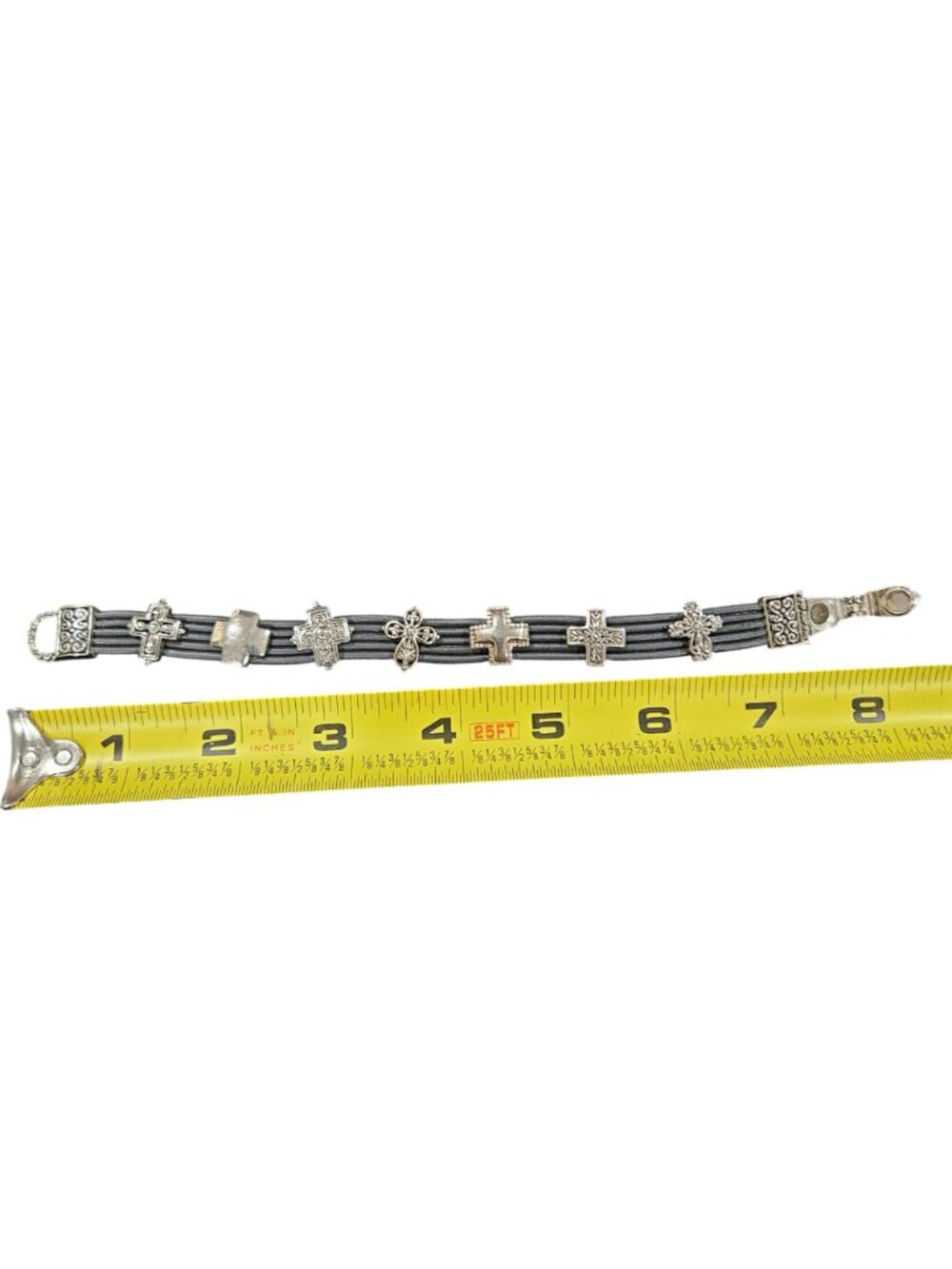Brighton Silver Cross & Floral Charms Black cord Bracelet 7" Magnetic Clasp - Picture 4 of 4